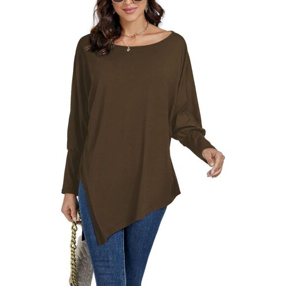 LYANER Boat Neck Asymmetrical Hem Bat Long Sleeve Split Loose Tunic Top Sz S - Picture 2 of 8